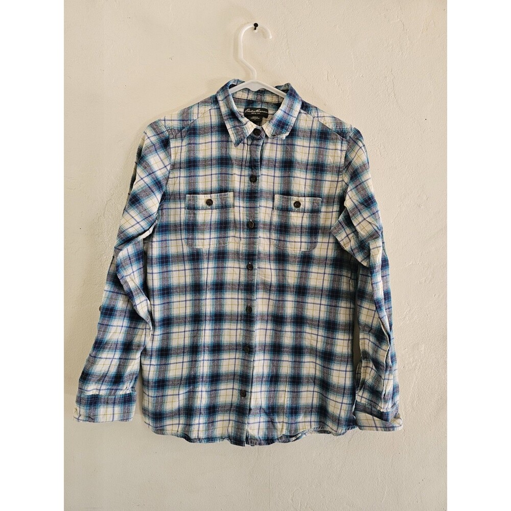 Eddie Bauer Women's Long Sleeve Button Down Plaid Flannel Shirt Size Small Blue - Picture 1 of 7